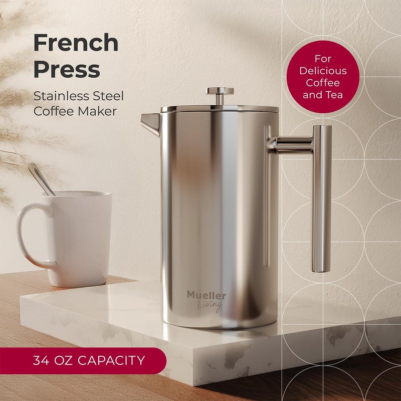 MuellerLiving French Press Coffee Maker 34oz, Stainless Steel French Press Coffee, 4 Filter Heat Resistant Double Insulated, Rust-Free, Food Grade, Dishwasher Safe Coffee Pot - Image 2